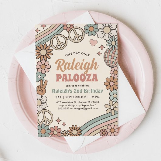 Groovy Retro 70s Rainbow Birthday uitnodiging