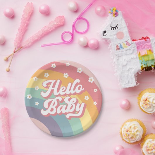 Groovy Retro 70s Rainbow Daisy Baby shower Papieren Bordje (Feest)