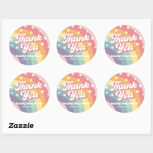 Groovy Retro 70s Rainbow Daisy Baby shower Ronde Sticker (Vel)