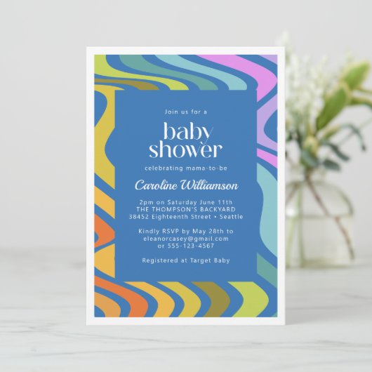 Groovy Retro Abstract regenboogblauw Baby shower Kaart (Staand voorkant)