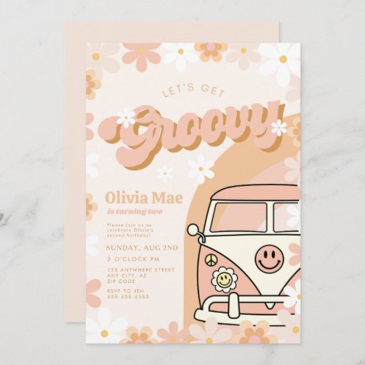 Groovy Retro Birthday Party Invitation Kaart (Voorkant / Achterkant)