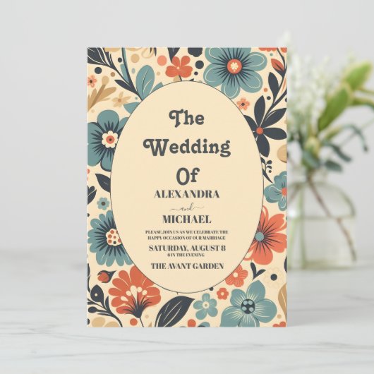 Groovy Retro Bloemen Bruiloft Kaart (Staand voorkant)