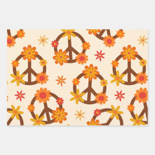 Groovy Retro Bloemen op Vrede en Liefde Borden Inpakpapier Vel
