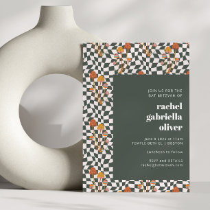 Groovy Retro Boho Green Checkerboard Bat Mitzvah Kaart