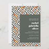 Groovy Retro Boho Green Checkerboard Bat Mitzvah Kaart (Voorkant)