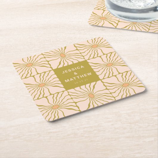 Groovy Retro Chartreuse Botanische Aangepaste Brui Vierkante Kartonnen Onderzetter (Schuin)