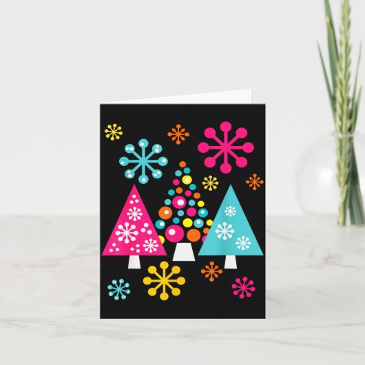 Groovy Retro Christmas Trees And Snowflakes Kaart (Voorkant)
