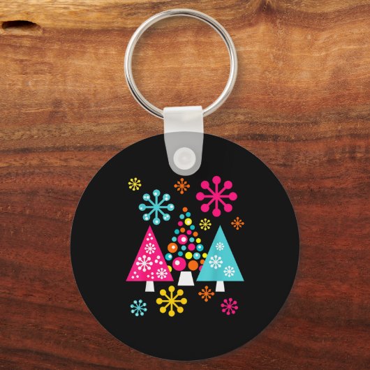 Groovy Retro Christmas Trees And Snowflakes Sleutelhanger (Voorkant)