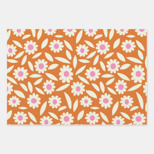 Groovy Retro Daisies Flowers Patroon op sinaasappe Inpakpapier Vel