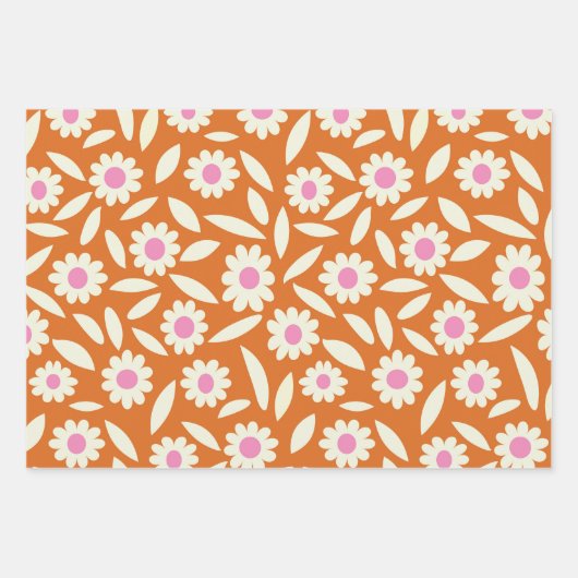 Groovy Retro Daisies Flowers Patroon op sinaasappe Inpakpapier Vel (Voorkant)