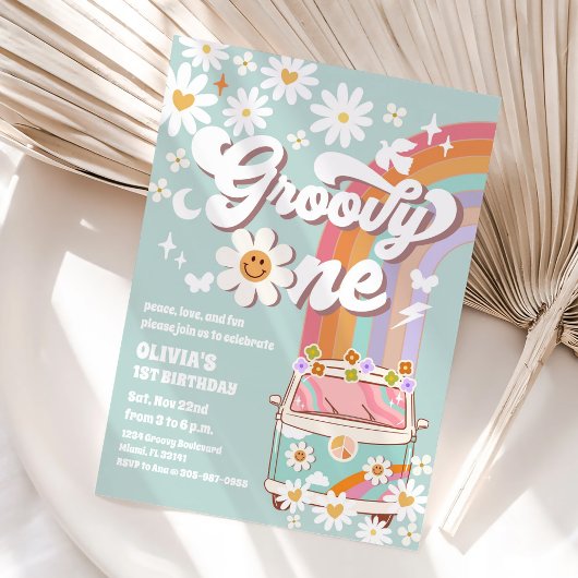 Groovy Retro Daisy 1st Birthday Invitation