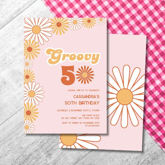 Groovy Retro Daisy Boho Orange Pink Birthday Kaart