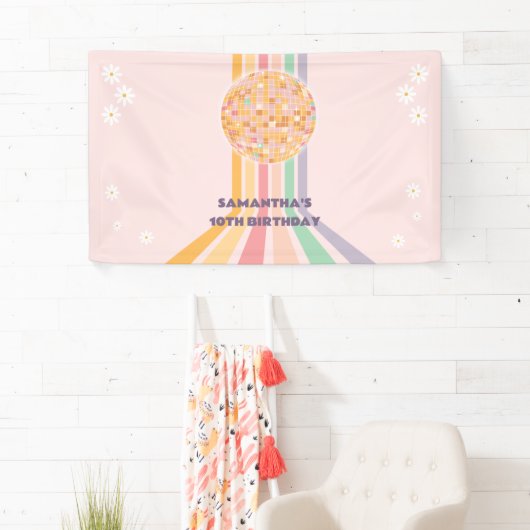 Groovy Retro Daisy Disco Verjaardag Achtergronden Spandoek (Insitu)