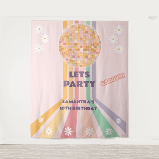 Groovy Retro Daisy Disco Verjaardag Achtergronden Wandkleed (Voorkant)