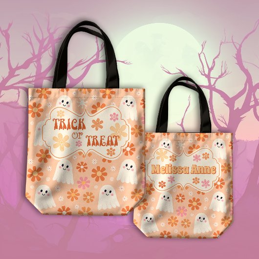 Groovy Retro Daisy Ghosts Peachy Trick or treat Draagtas