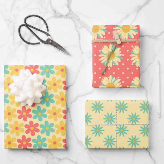 Groovy Retro Daisy in Geel blauw Inpakpapier Vel (Voorkant)