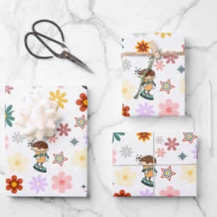 Groovy Retro Daisy White Wrapping Paper