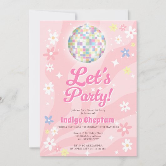Groovy retro disco bal 70's floral Sweet 16 Kaart (Voorkant)