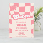 Groovy Retro Eleven Roze 11e verjaardag Kaart (Staand voorkant)