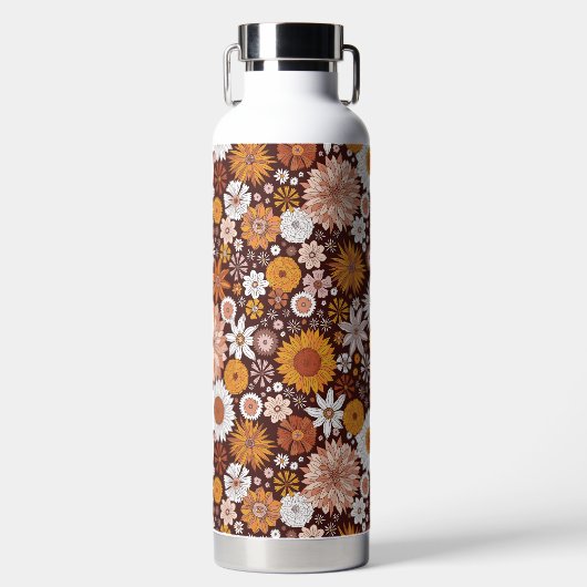 Groovy Retro Flower Garden Pattern Waterfles (Voorkant)