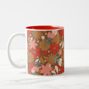 Groovy Retro Flower Power in het Rood Tweekleurige Koffiemok