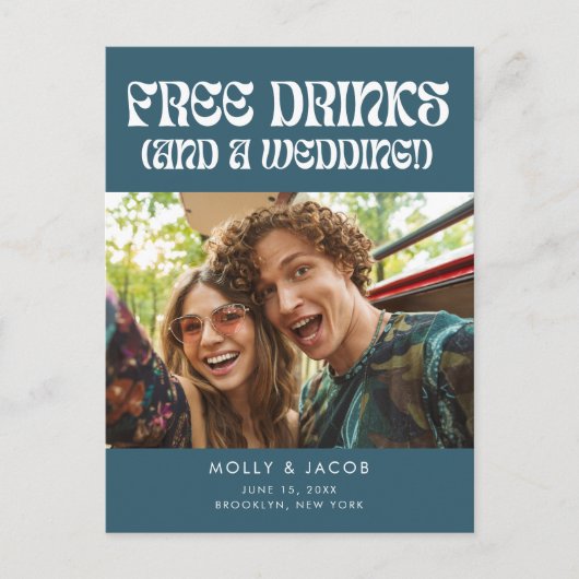 Groovy Retro Gratis Drinken Bruiloft Save the Date Aankondigingskaart (Voorkant)