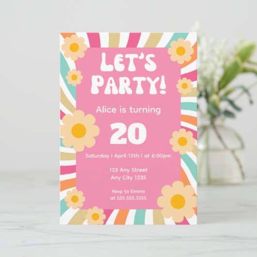 Groovy Retro Hippie Daisy Roze 20e verjaardag Kaart (Staand voorkant)