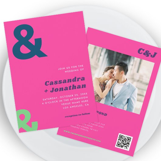 Groovy Retro Hot Roze Ampersand QR Code Bruiloft Kaart