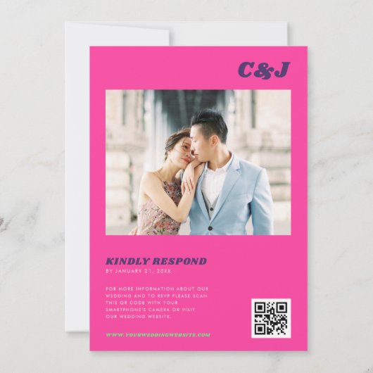 Groovy Retro Hot Roze Ampersand QR Code Bruiloft Kaart (Achterkant)
