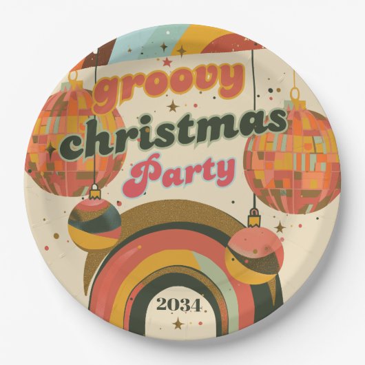 Groovy Retro Kerstmis 70s Geïnspireerd Papieren Bordje (Voorkant)