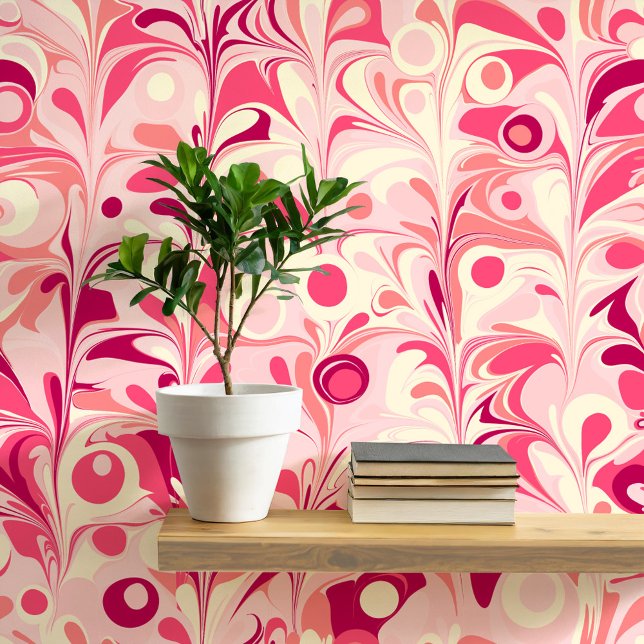 Groovy Retro Marbled Pink Behang (Fun retro marbled pink peel and stick art wallpaper)