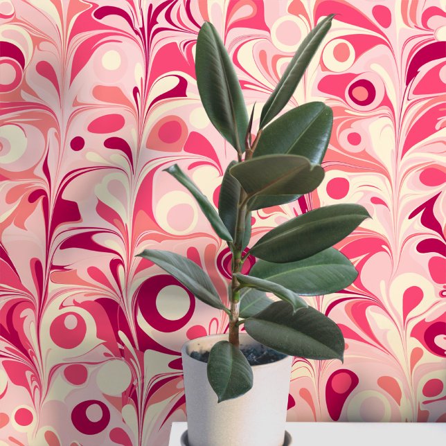Groovy Retro Marmer Roze Behang (Fun retro marbled pink peel and stick art wallpaper)