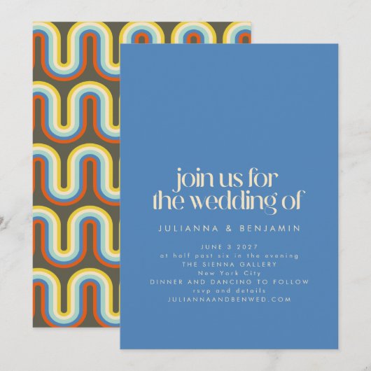 Groovy Retro Mod 70s Blue and Olive Green Wedding Kaart (Voorkant / Achterkant)