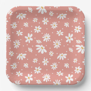 Groovy Retro Mod Hippie 60s 70s Daisy Flowers Pink Papieren Bordje