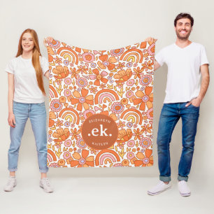 Groovy Retro Oranje Bloemen Monogram Fleece Deken