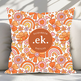Groovy Retro Oranje Bloemen Monogram Kussen
