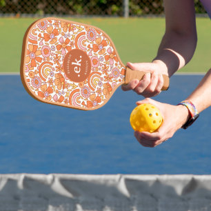 Groovy Retro Oranje Bloemen Monogram Pickleball Paddle