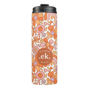 Groovy Retro Oranje Bloemen Monogram Thermosbeker