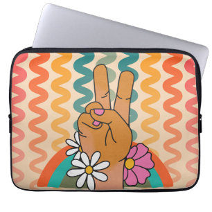 Groovy Retro Peace Sign Bloem Regenboog iPad & Laptop Sleeve