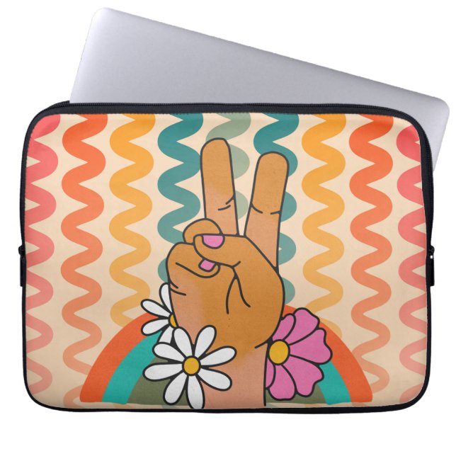 Groovy Retro Peace Sign Bloem Regenboog iPad & Laptop Sleeve (Voorkant)