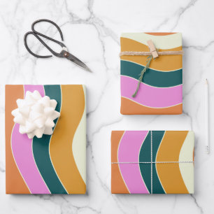 Groovy Retro Pink en Green Wavy Lines Inpakpapier Vel