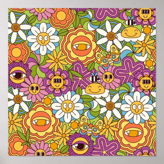 Groovy Retro Psychedelic Flower Garden Pattern Poster (Voorkant)