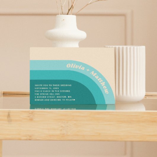 Groovy retro  regenboog 70s bruiloft + QR code Kaart