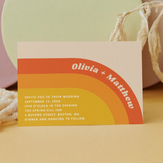 Groovy retro  regenboog 70s bruiloft + QR code Kaart