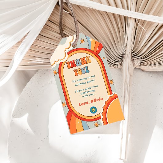 Groovy Retro Regenboog Verjaardagsfeest Cadeaulabel