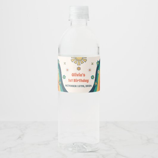 Groovy Retro Regenboog Verjaardagsfeest Waterfles Etiket (Voorkant)