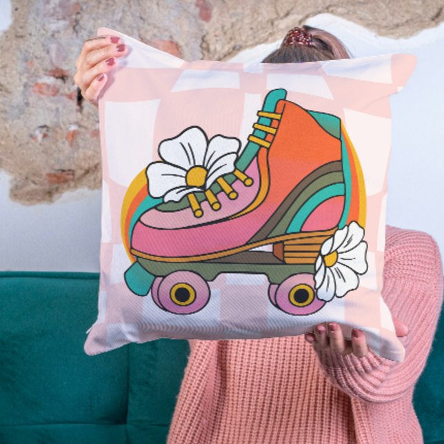 Groovy Retro Roller Schaats 60s Hippie Rainbow Kussen (Groovy Retro Roller Skate 60s Hippie Rainbow Throw Pillow teen college dorm room decor decoration)