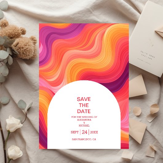 Groovy Retro Roze en Sinaasappel Boog Bruiloft Save The Date