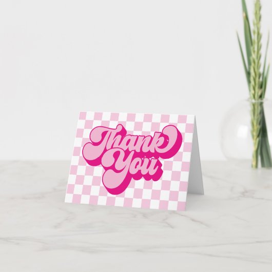 Groovy Retro Roze en Wit Check 1e verjaardag Bedankkaart (Voorkant)