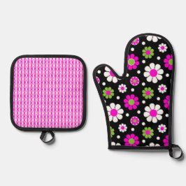 GROOVY RETRO ROZE GROENE WITTE DAISY BLOEMEN OVENWANT & PANNENLAP SET